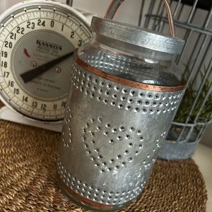 Primitive Vintage Farmhouse Copper metal stamped jar